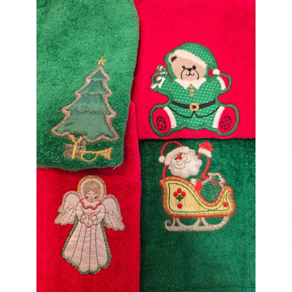 Vintage Cannon Christmas‎ Fringe Towel Set Embroidered Angel Tree Bear Red Green